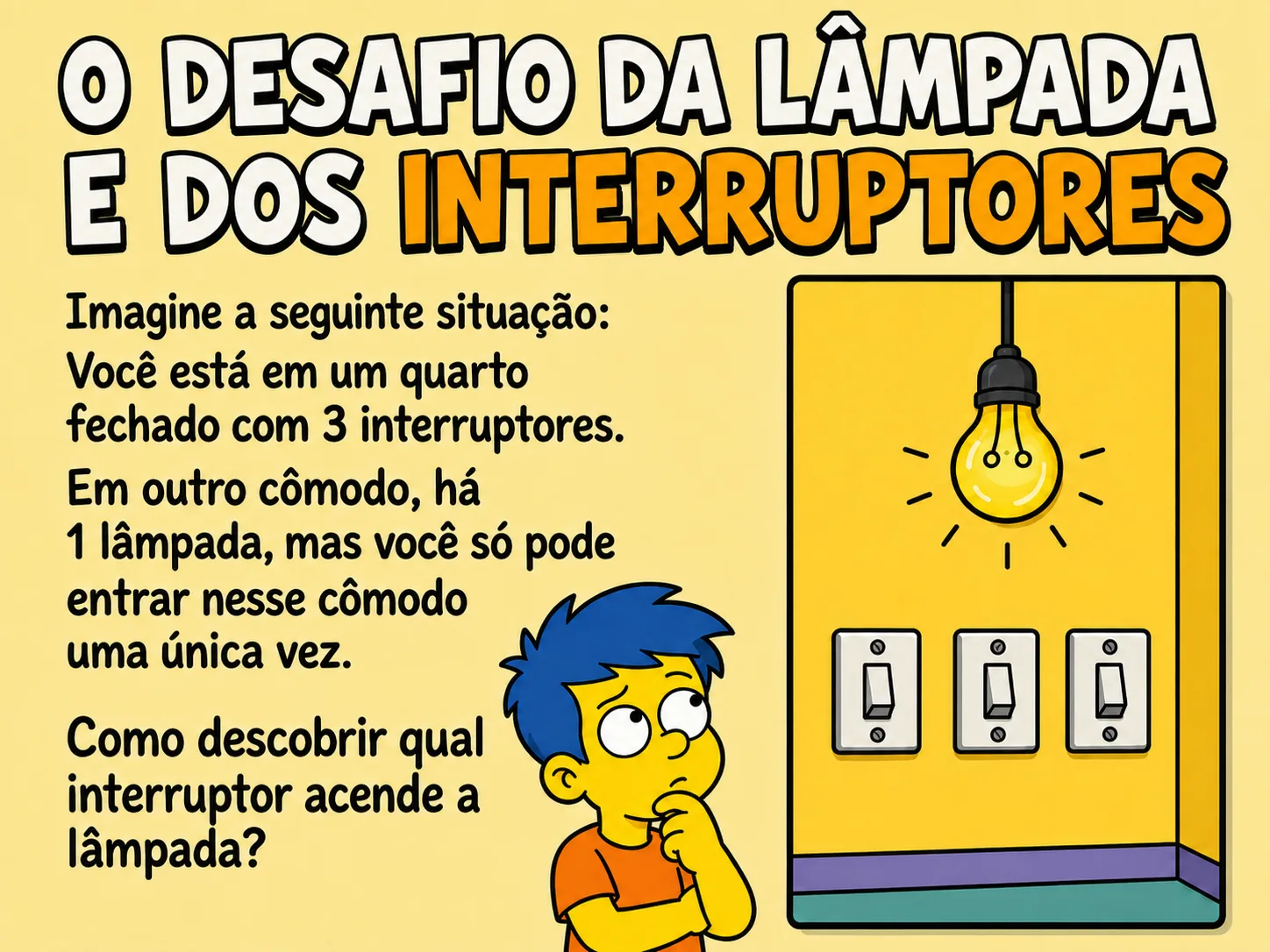 Você está em um quarto com 3 interruptores e, em outro cômodo, há uma lâmpada. Só pode entrar lá uma vez. Como descobrir qual interruptor acende a lâmpada?