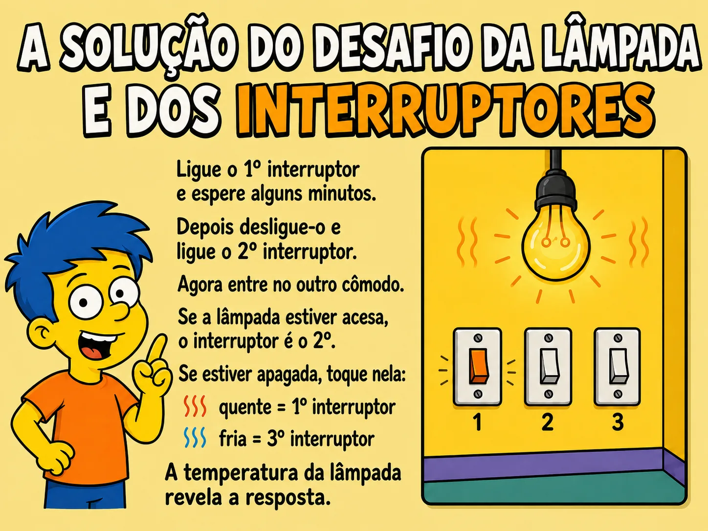 Ligue o 1º interruptor por alguns minutos, desligue e ligue o 2º. Entre no cômodo: acesa é o 2º; apagada e quente é o 1º; apagada e fria é o 3º.
